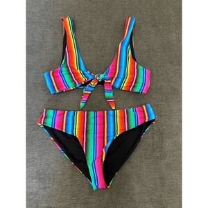 Palms Away Striped Tie Front Bikini Set Small Boho Cinco De Mayo Fiesta Swimsuit